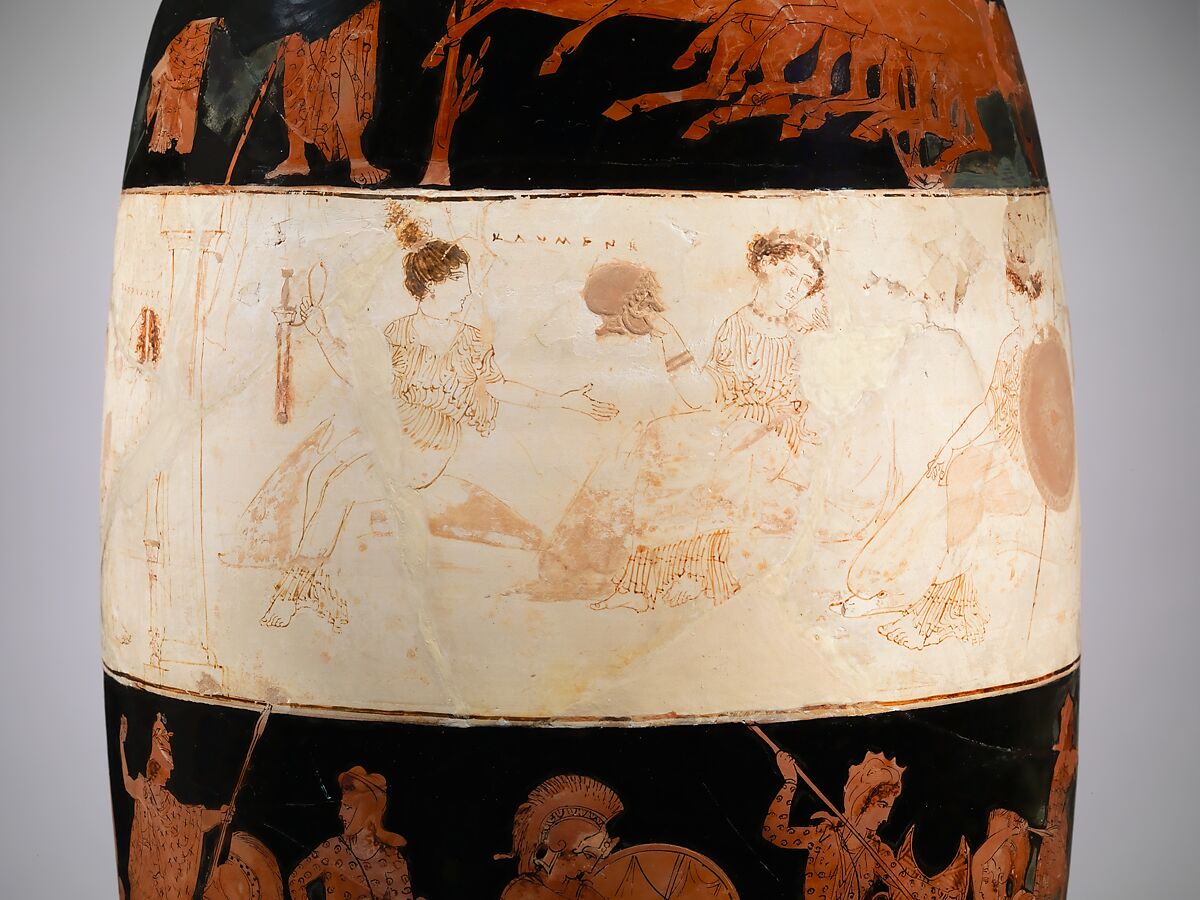 Terracotta lekythos (oil flask), Attributed to the Eretria Painter, Terracotta, Greek, Attic