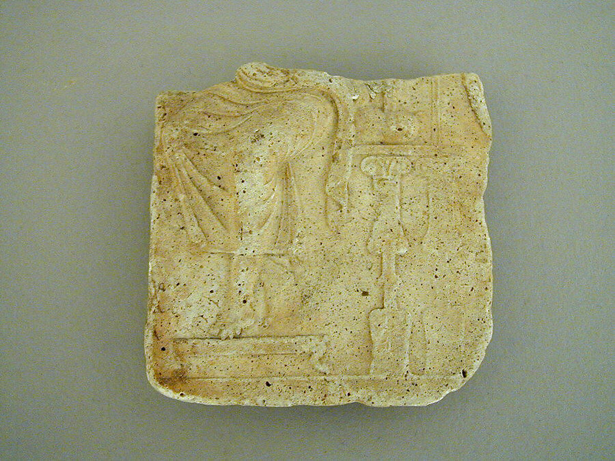 Plaster relief fragment with a male figure on a throne, Plaster, Roman 