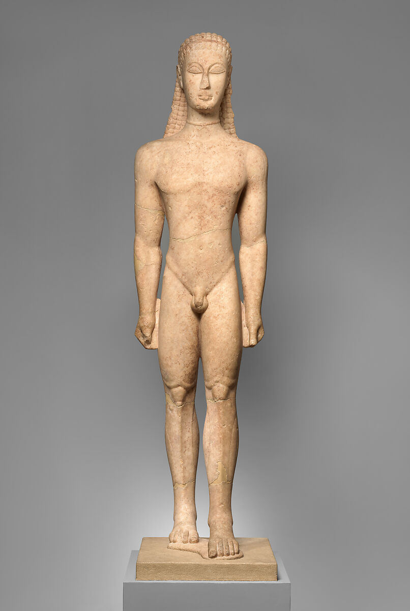 Marble statue of a kouros (youth), Marble, Naxian, Greek, Attic 