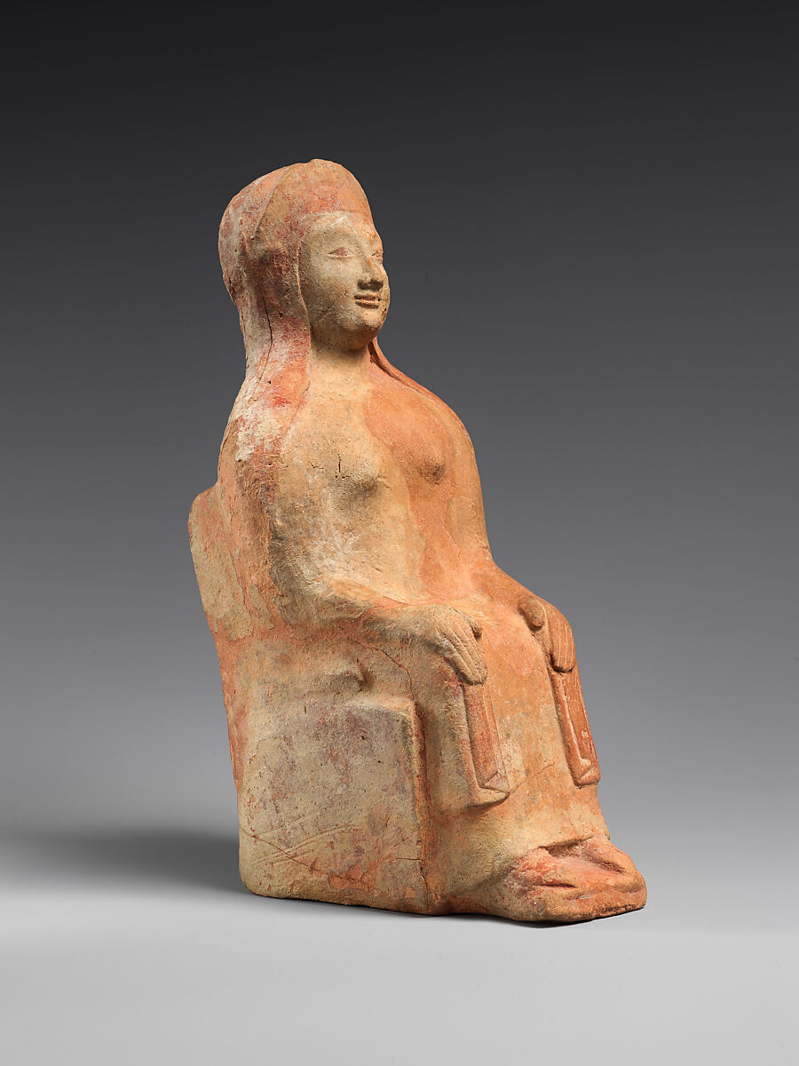 Terracotta statuette of a seated woman, Terracotta, Greek, Rhodian