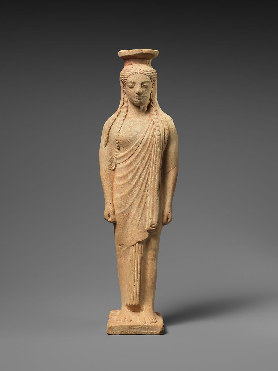 Terracotta alabastron (perfume vase) in the form of a woman, Terracotta, East Greek 