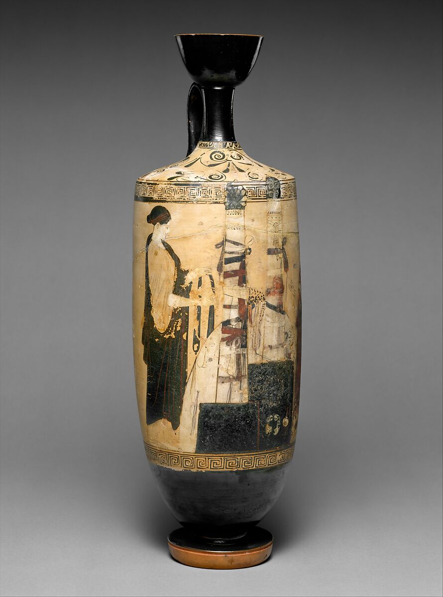Terracotta lekythos (oil flask), Attributed to the Vouni Painter, Terracotta, Greek, Attic 