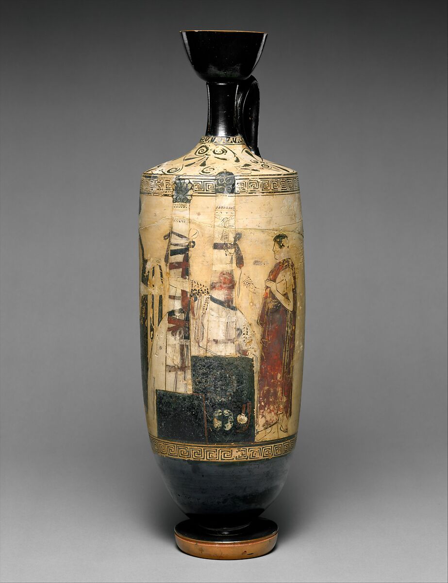 Terracotta lekythos (oil flask), Attributed to the Vouni Painter, Terracotta, Greek, Attic