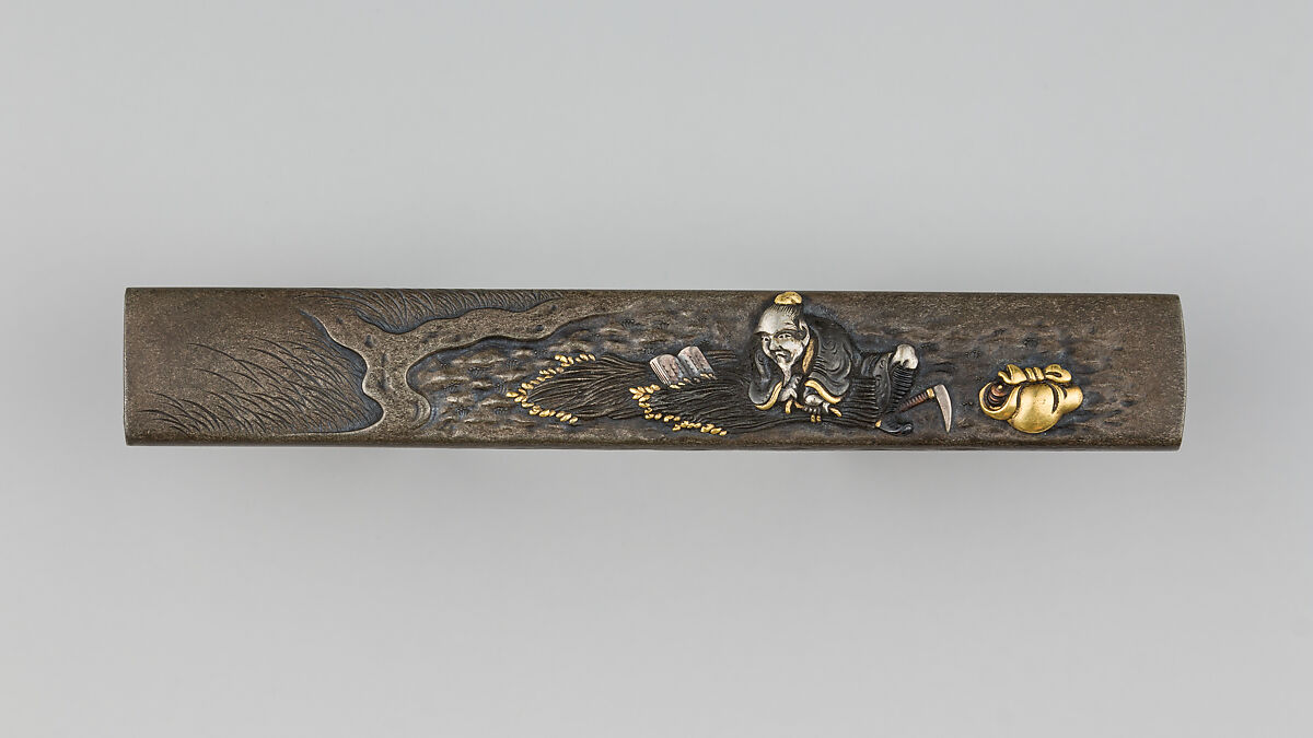 Knife Handle (Kozuka), Ichijosai Hironaga (Hirotoshi) (Japanese, died ca. 1800–25), Copper-silver alloy (shibuichi), gold, silver, copper, copper-gold alloy (shakudō), Japanese 