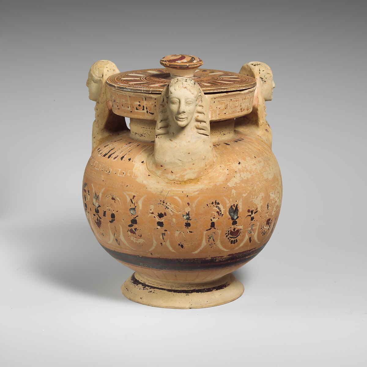 Terracotta pyxis (box), Terracotta, Greek, Corinthian 