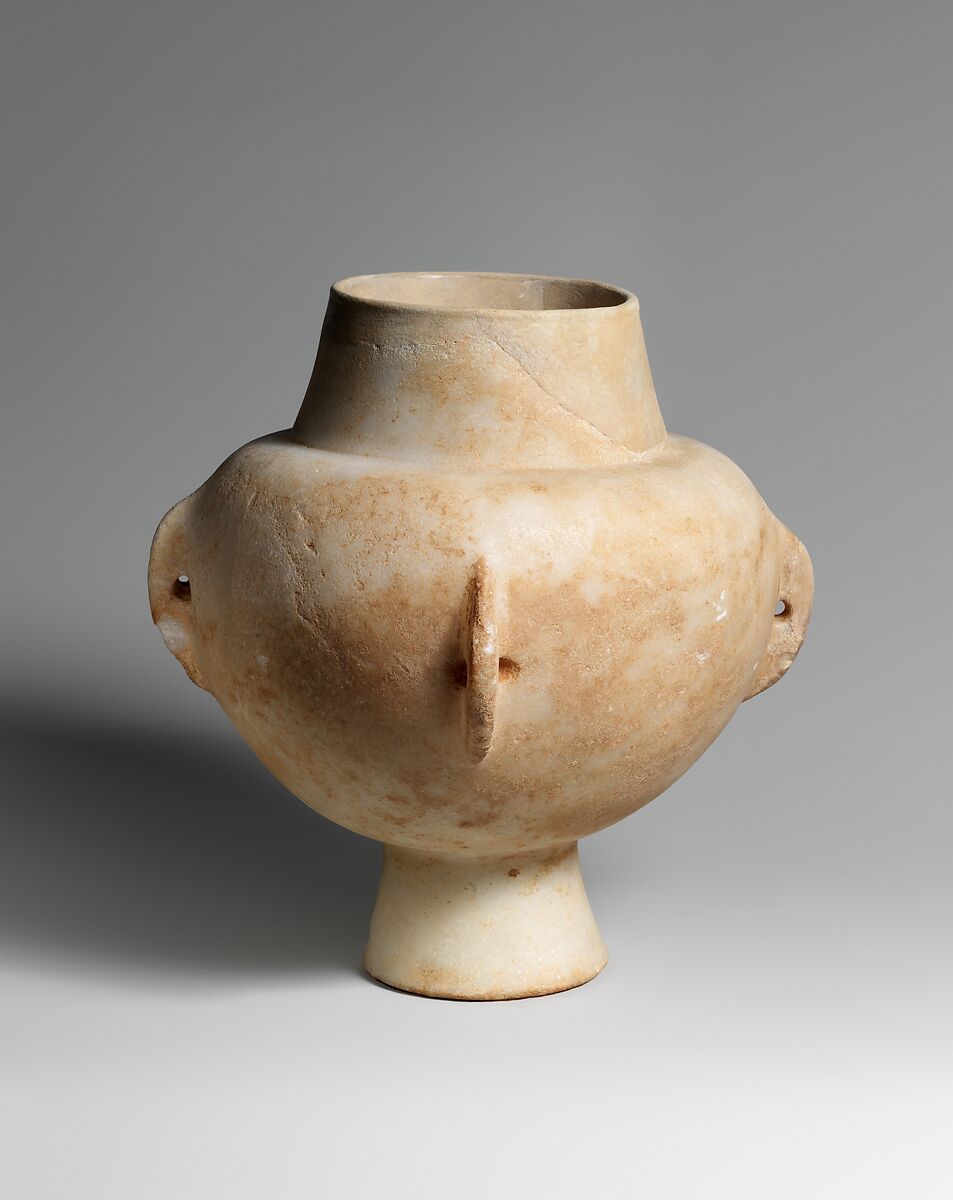 Marble vase with high foot and four lug handles, Marble, Cycladic