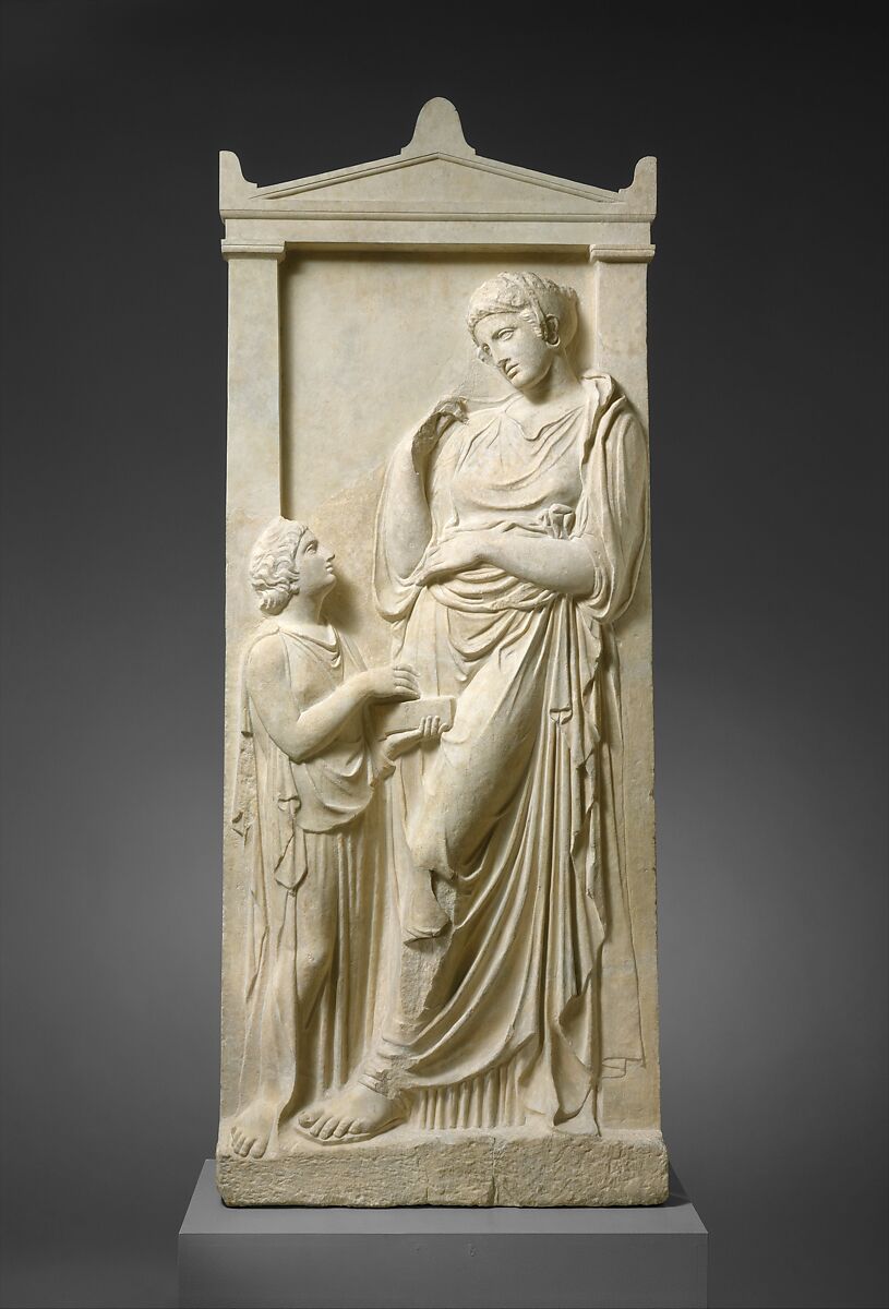 Marble grave stele of a young woman and servant, Marble, Pentelic, Greek, Attic 