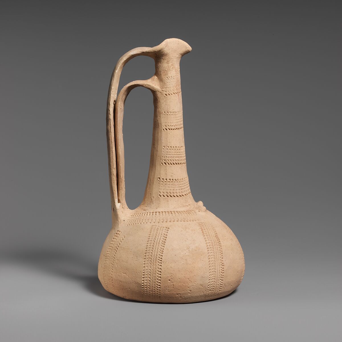 Terracotta conical lekythos-oinochoe (combination oil flask and jug), Terracotta, Greek, Attic 