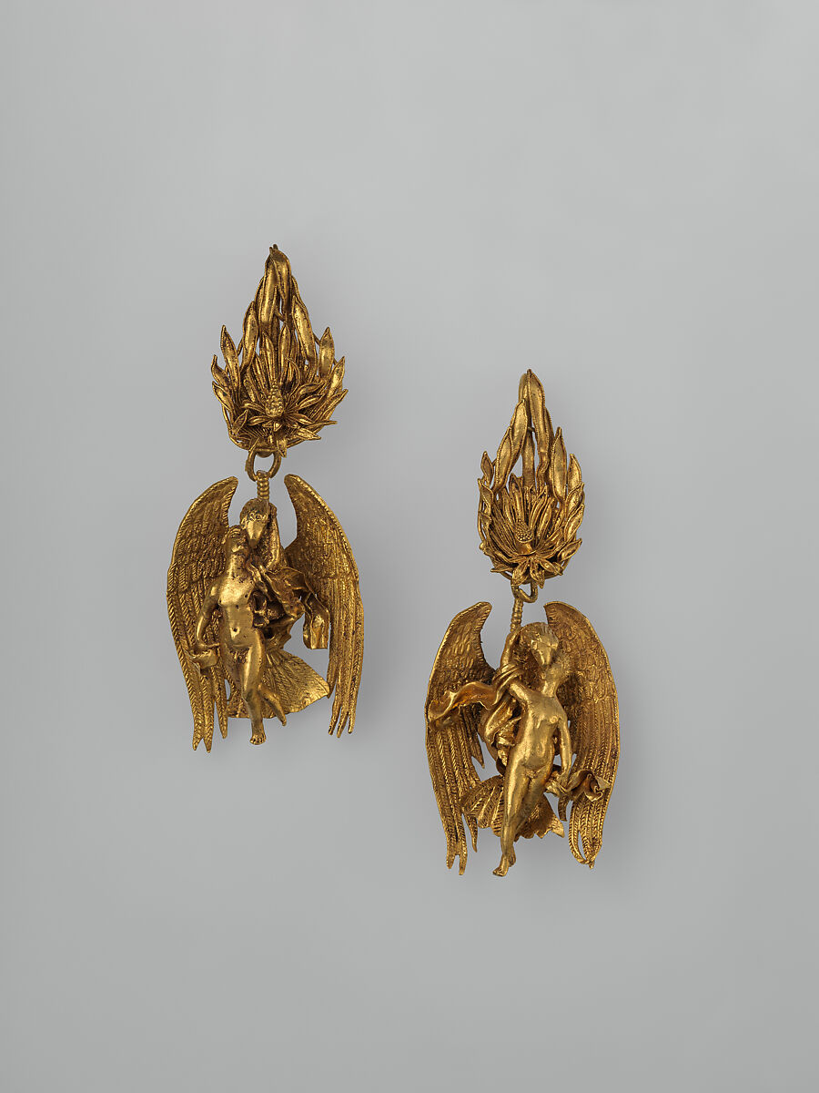 Pair of gold earrings with Ganymede and the eagle, Gold, Greek 