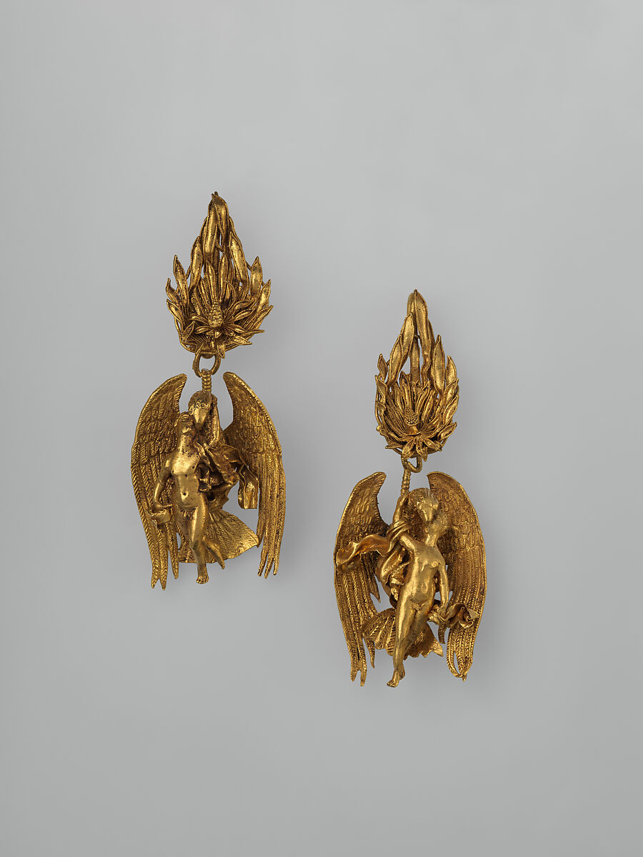 Pair of gold earrings with Ganymede and the eagle, Gold, Greek