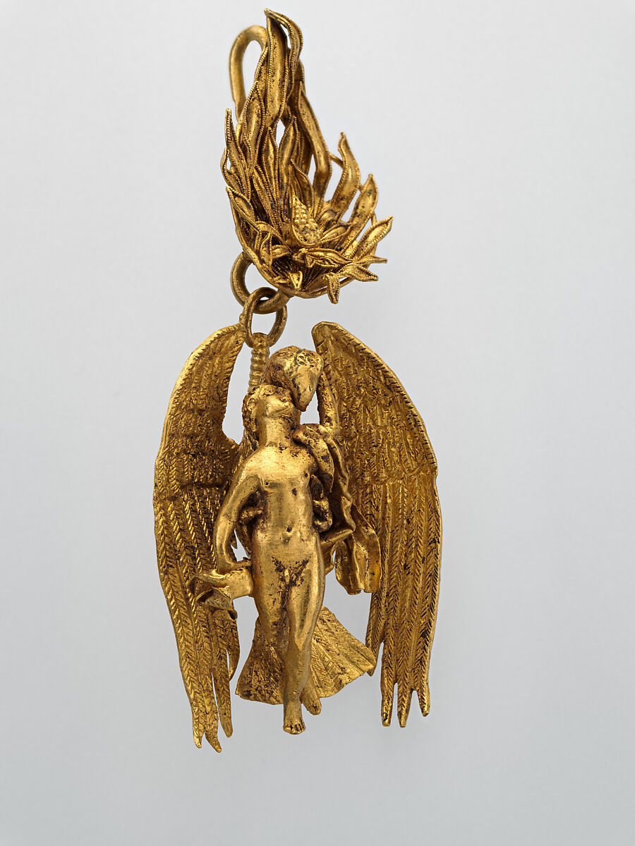 Pair of gold earrings with Ganymede and the eagle, Gold, Greek