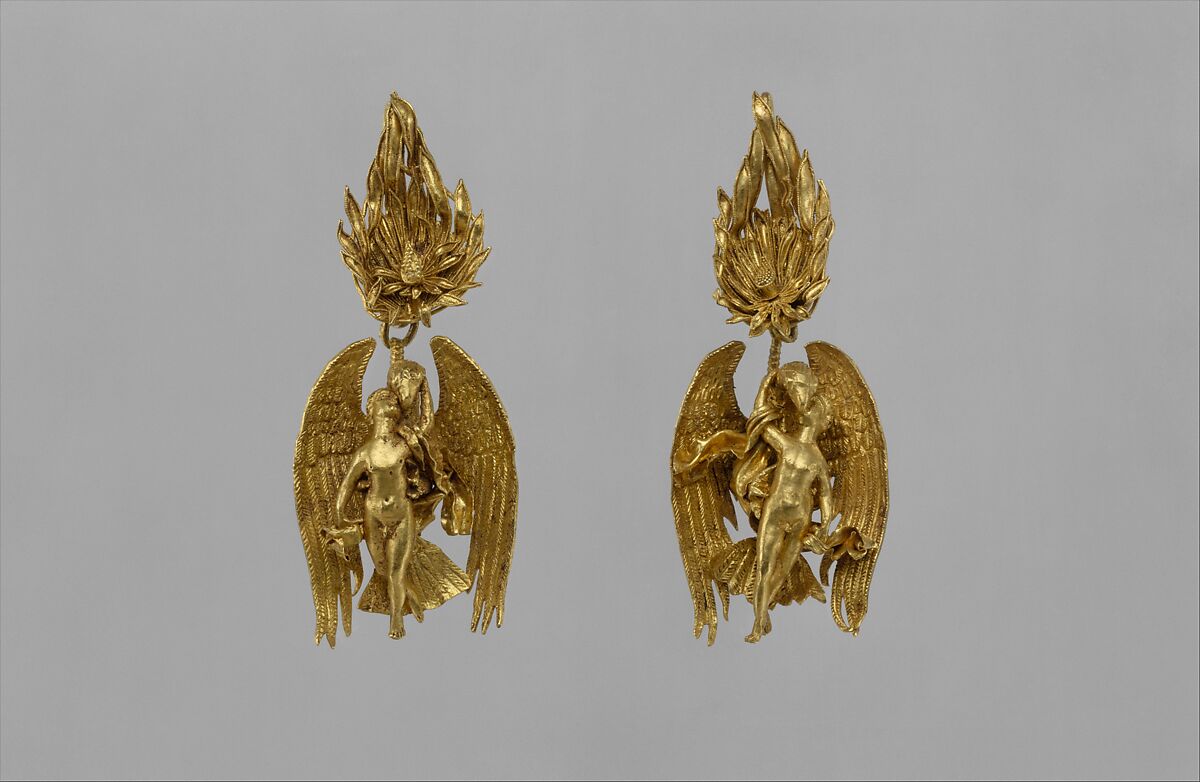 Pair of gold earrings with Ganymede and the eagle, Gold, Greek
