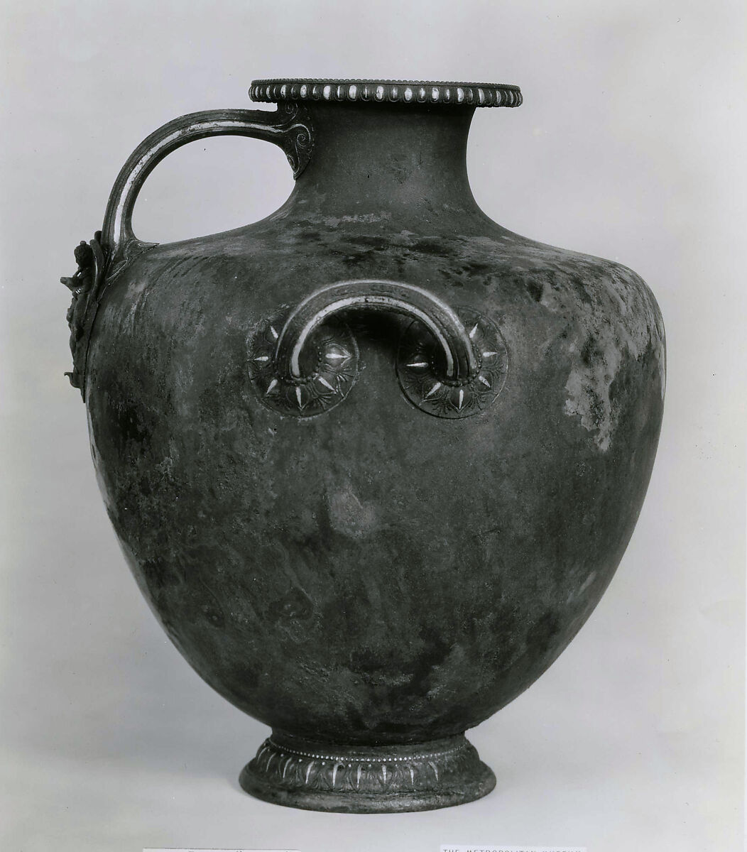 Bronze hydria (water jar) with silver inlay, Bronze, silver, Greek