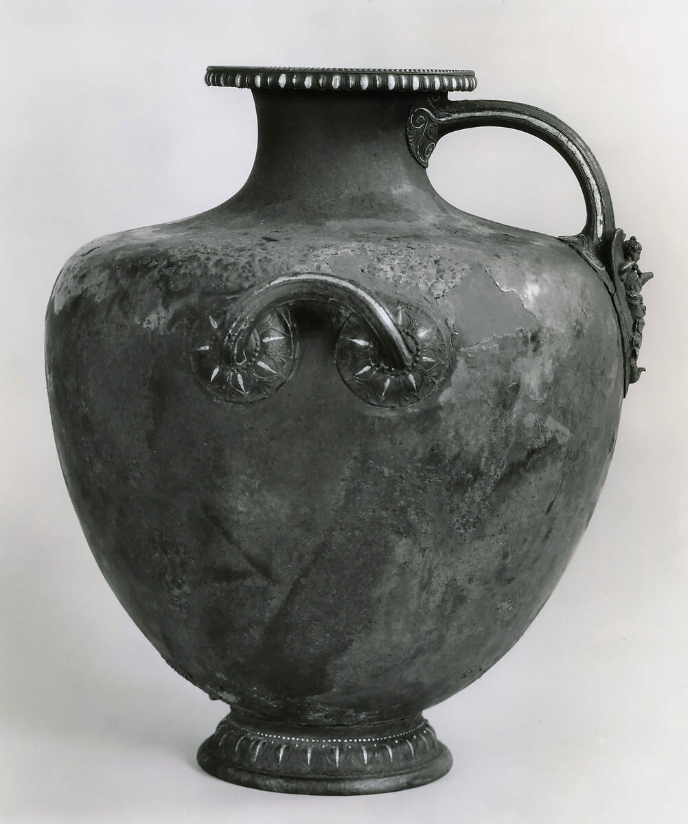 Bronze hydria (water jar) with silver inlay, Bronze, silver, Greek