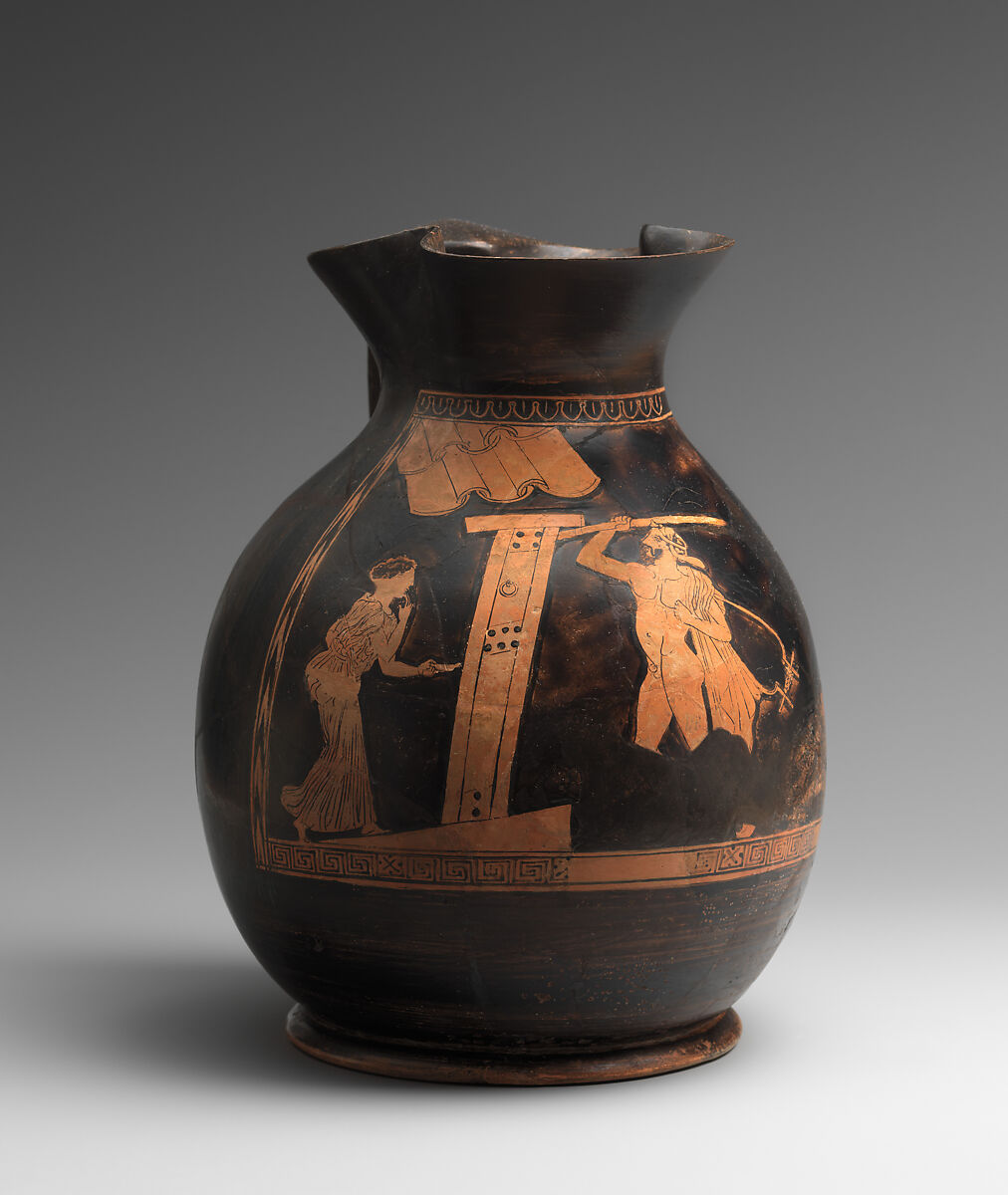 Terracotta oinochoe: chous (jug), Terracotta, Greek, Attic 