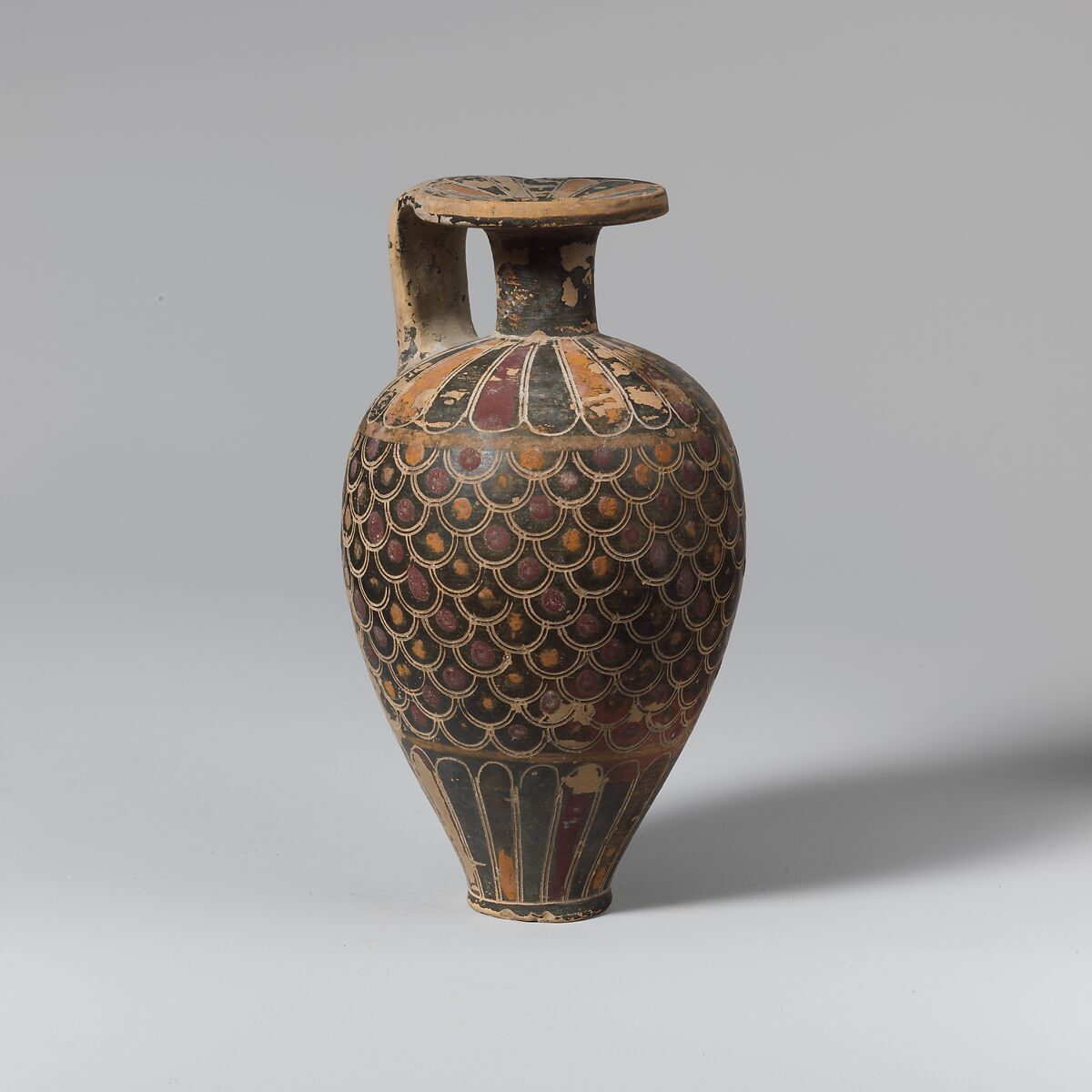 Terracotta pointed aryballos (oil flask), Terracotta, Greek, Corinthian 