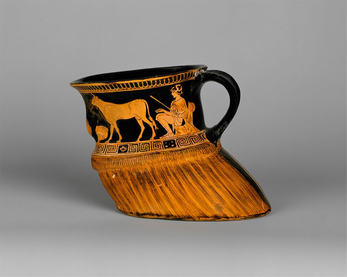 Terracotta cup: cow's hoof, Attributed to a painter recalling the Brygos Painter, Terracotta, Greek, Attic 