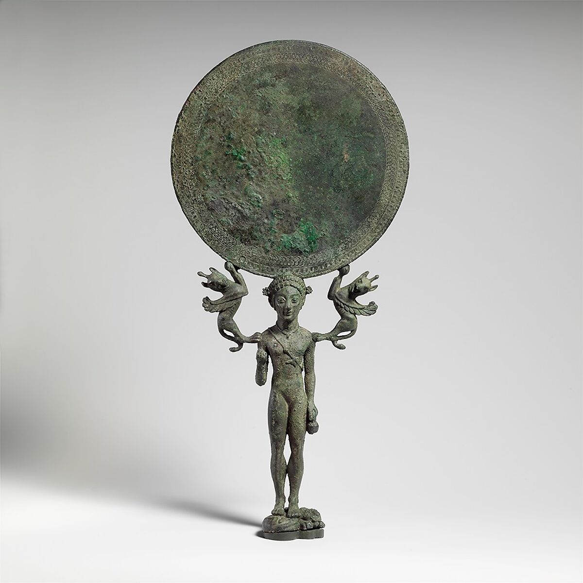 Bronze mirror with a support in the form of a nude girl, Bronze, Greek, Laconian