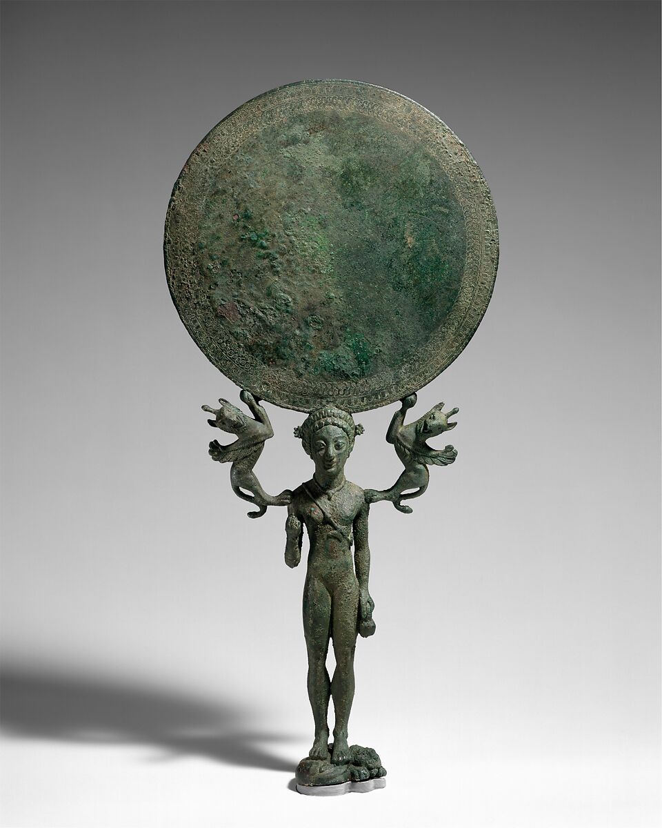 Bronze mirror with a support in the form of a nude girl, Bronze, Greek, Laconian 