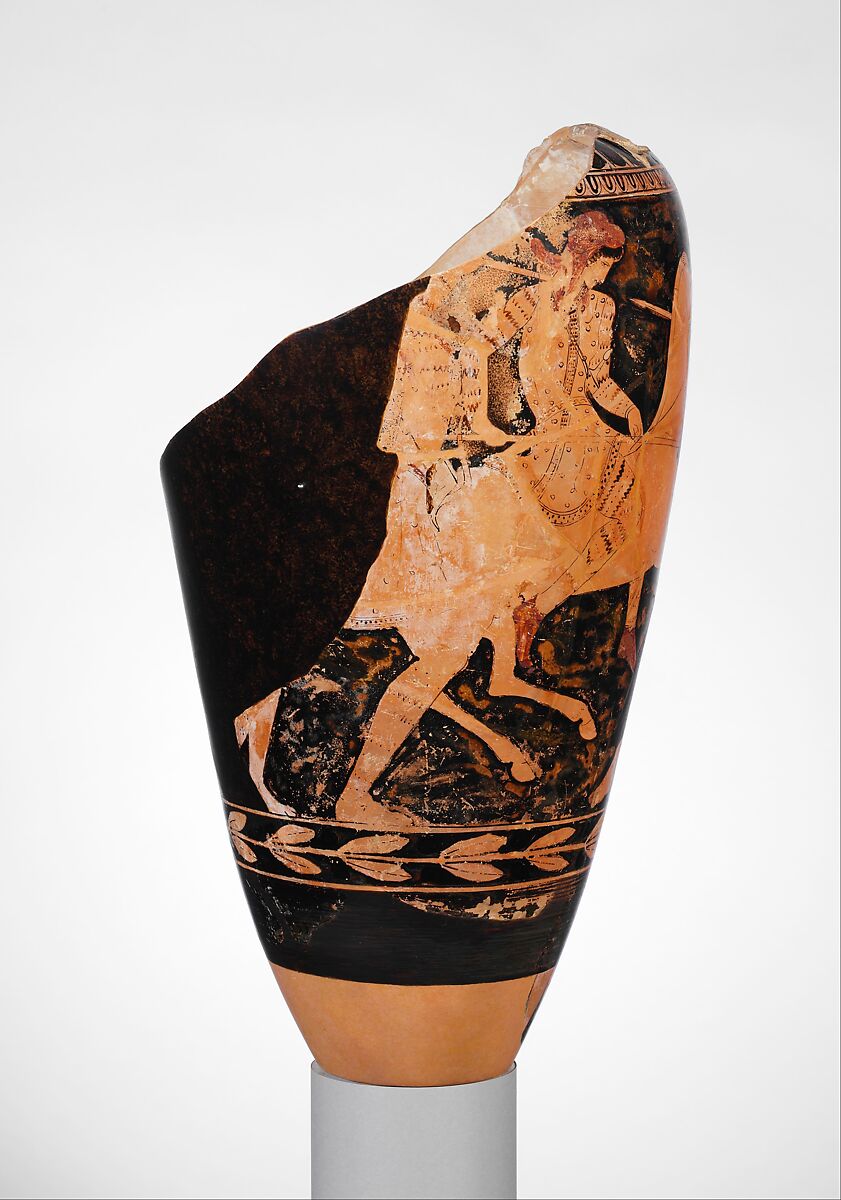 Fragmentary terracotta loutrophoros (ceremonial vase for water), Attributed to a painter of the Group of Polygnotos, Terracotta, Greek, Attic 