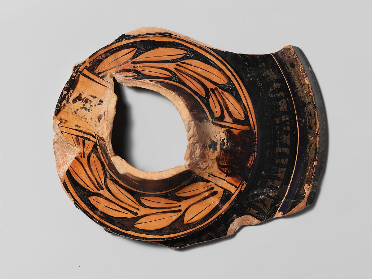 Fragmentary terracotta loutrophoros (ceremonial vase for water), Attributed to a painter of the Group of Polygnotos, Terracotta, Greek, Attic