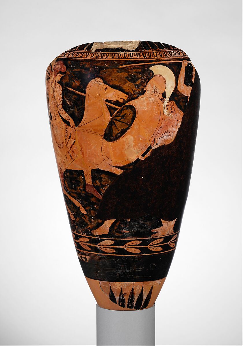 Fragmentary terracotta loutrophoros (ceremonial vase for water), Attributed to a painter of the Group of Polygnotos, Terracotta, Greek, Attic
