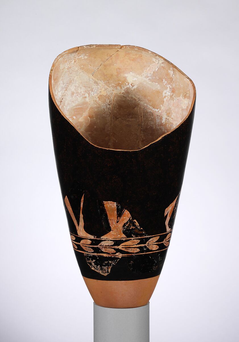 Fragmentary terracotta loutrophoros (ceremonial vase for water), Attributed to a painter of the Group of Polygnotos, Terracotta, Greek, Attic