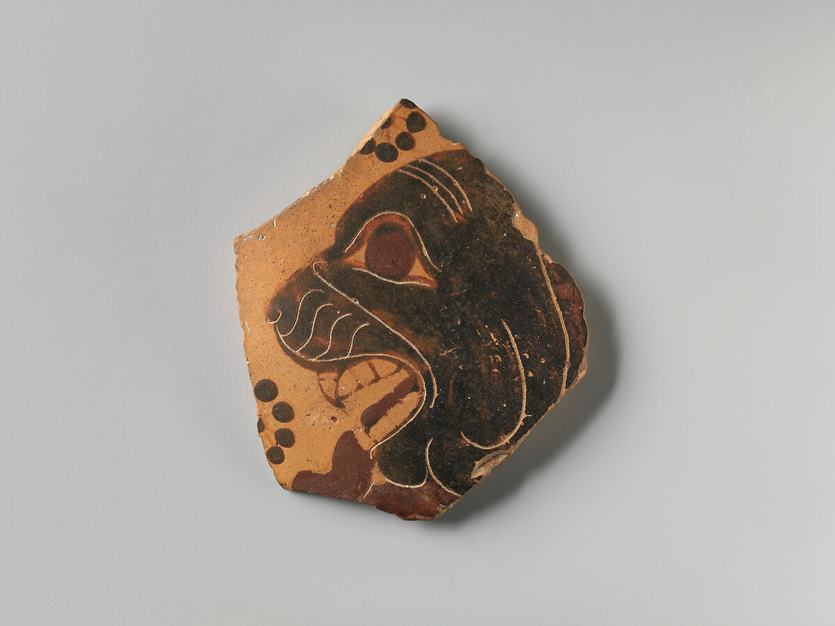 Fragment of a terracotta vase, Attributed to the Lion Painter, Terracotta, Greek, Attic 
