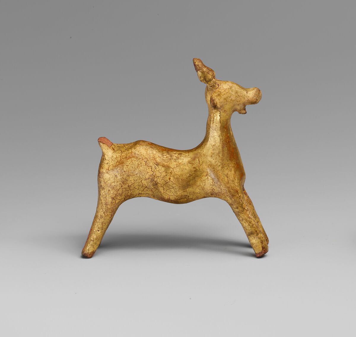 Gilt terracotta statuette of a goat, Terracotta, gold, Mycenaean 