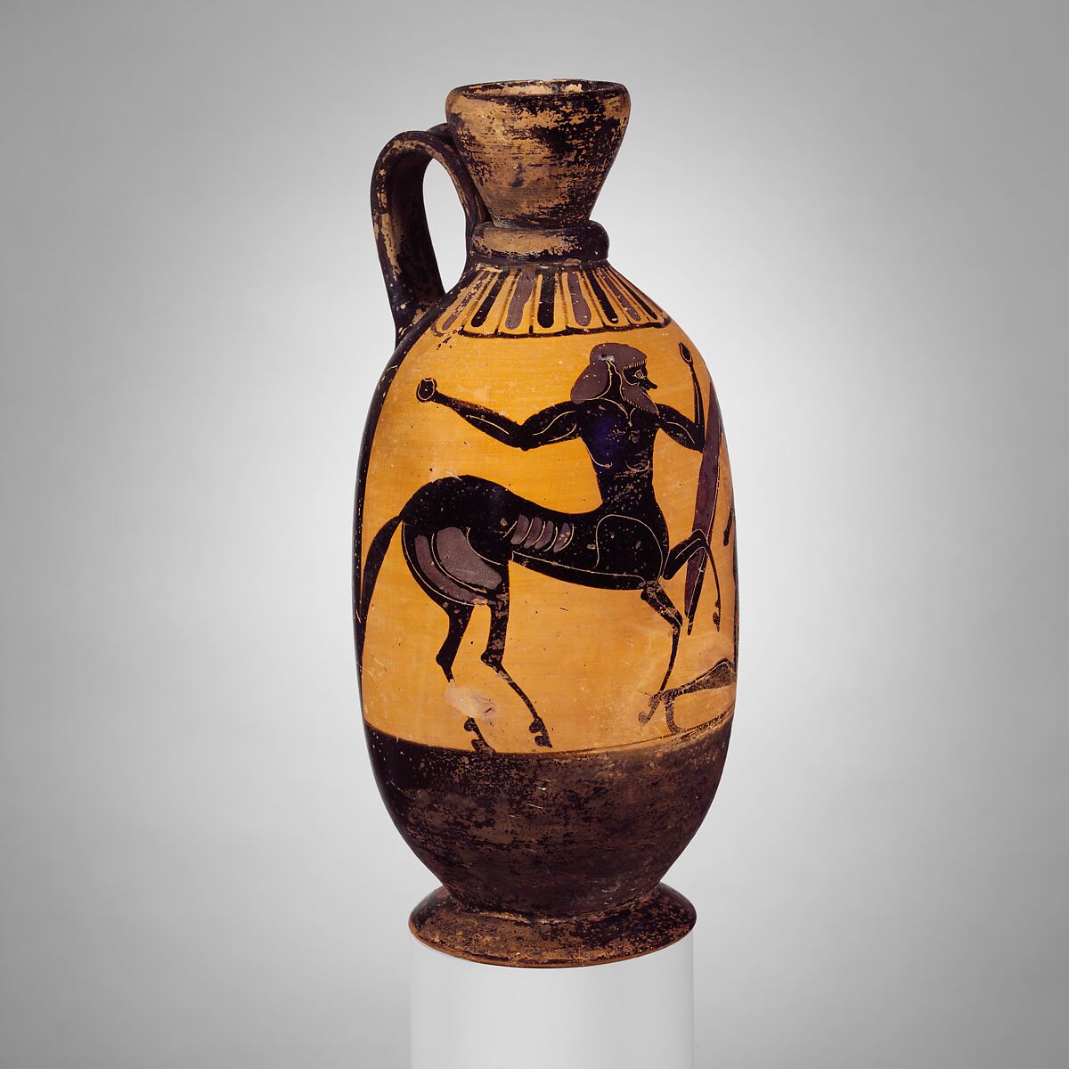 Terracotta lekythos (oil flask) with centaur battling a warrior, Attributed to Painter of London B 31, Terracotta, Greek, Attic 