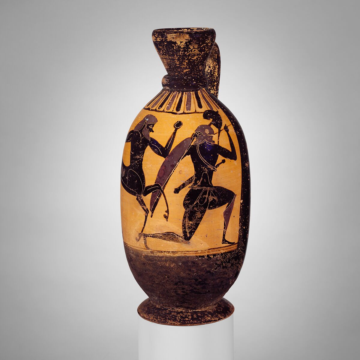 Terracotta lekythos (oil flask) with centaur battling a warrior, Attributed to Painter of London B 31, Terracotta, Greek, Attic