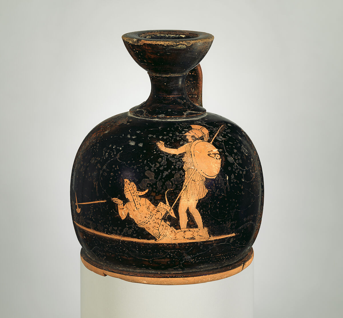 Terracotta squat lekythos (oil flask), Attributed to the Painter of Munich 2363, Terracotta, Greek, Attic 