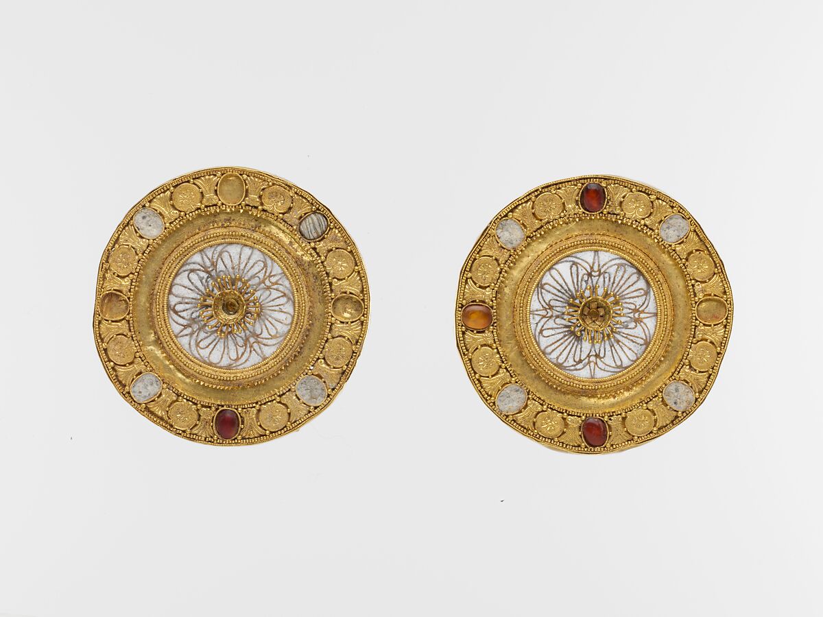 Pair of gold and rock crystal disks, set with garnet and glass inlays, Gold, rock crystal, Etruscan