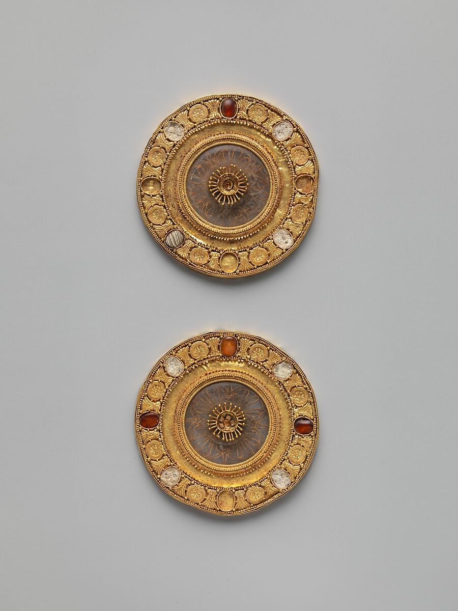 Pair of gold and rock crystal disks, set with garnet and glass inlays, Gold, rock crystal, Etruscan 