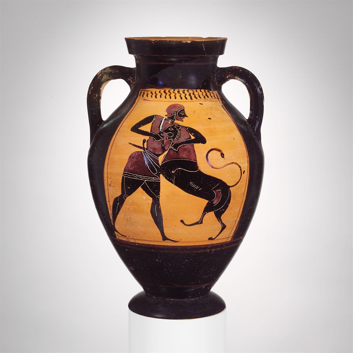Terracotta amphora (jar), Attributed to the Group of Brussels R 243, Terracotta, Greek, Attic 