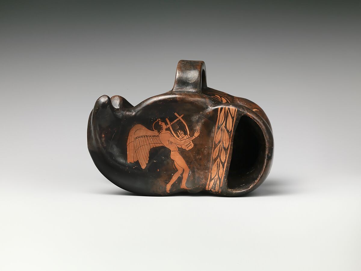 Terracotta vase in the form of an astragal (knucklebone), Attributed to an artist recalling the Painter of London D 12, Terracotta, Greek, Attic 