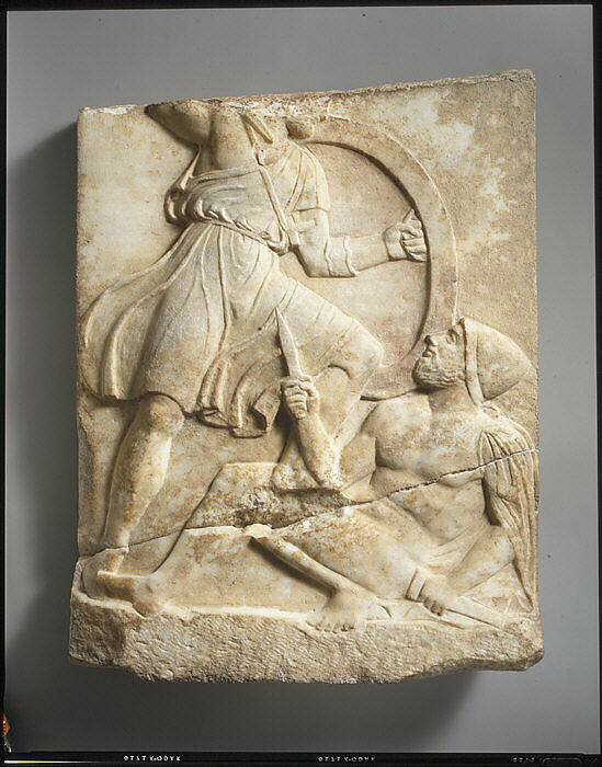 Grave stele with Hoplite Battle Scene, Marble, Pentelic, Greek, Attic