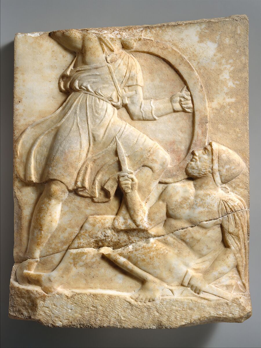 Grave stele with Hoplite Battle Scene, Marble, Pentelic, Greek, Attic 