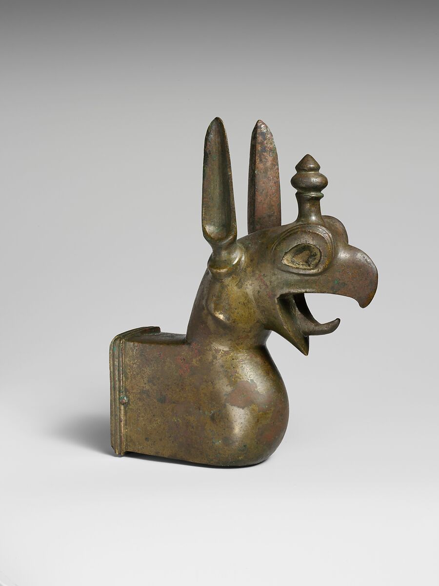 Bronze griffin attachment, Bronze, amber perhaps, Etruscan 