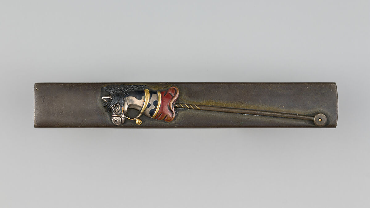 Knife Handle (Kozuka), Inscribed by Iwama Masayoshi (Japanese, 1764–1837), Copper-silver alloy (shibuichi), copper-gold alloy (shakudō), gold, silver, copper, Japanese 