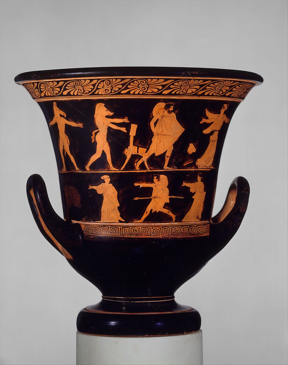 Terracotta calyx-krater (bowl for mixing wine and water), Attributed to the Persephone Painter, Terracotta, Greek, Attic 