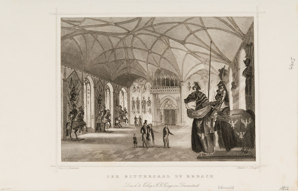 Print of  Der Rittersaal zu Erbach (Interior of Gothic Revival armory of Erbach Castle), Drawn (Gezeichnet) by Ludwig Rohbock (German, Nuremberg 1824–1893 Munich), Ink, paper, German 