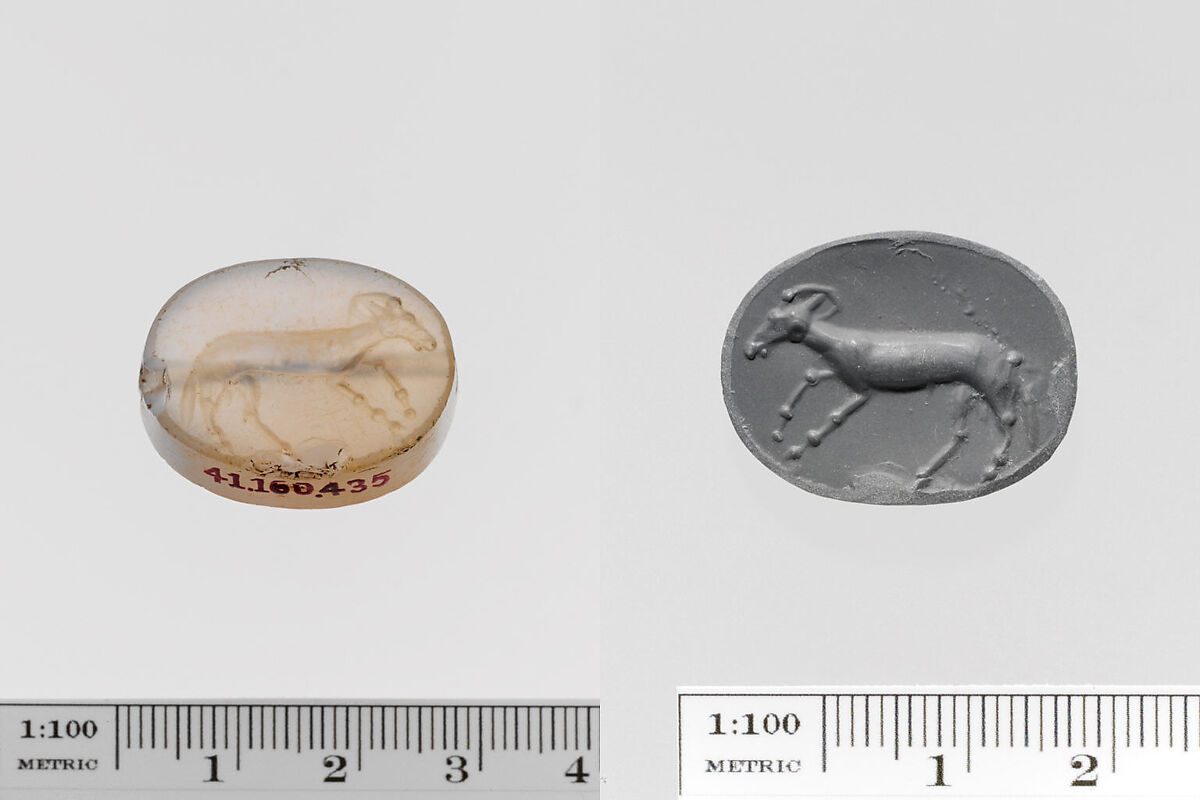 Chalcedony scaraboid seal, Chalcedony, blue, Greek, Ionian