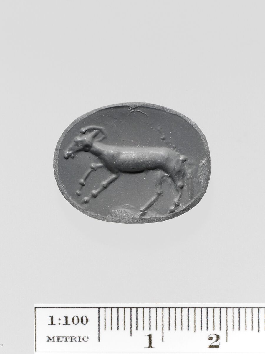 Chalcedony scaraboid seal, Chalcedony, blue, Greek, Ionian