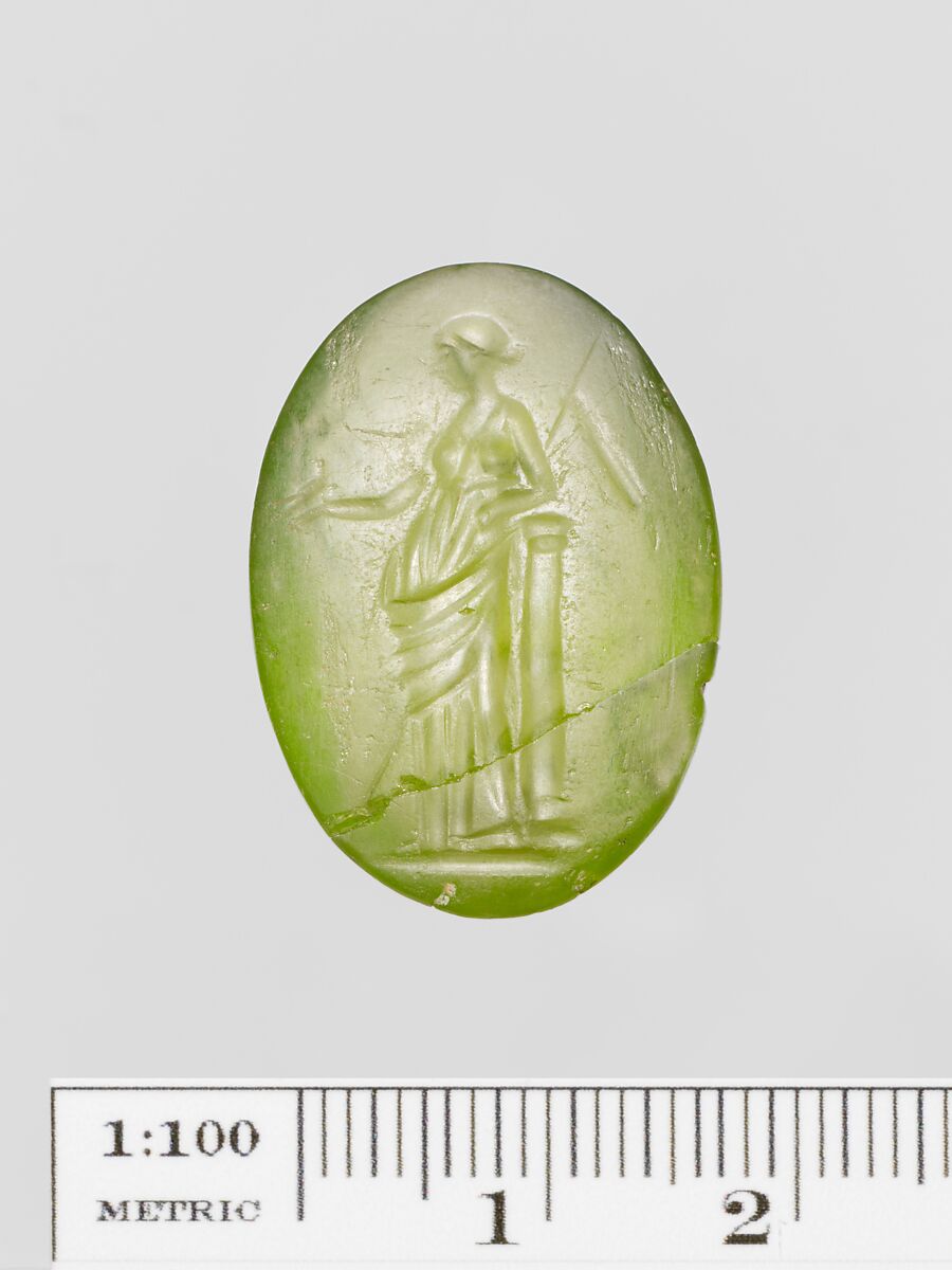 Green glass oval engraved on both sides, Glass, green, Greek 