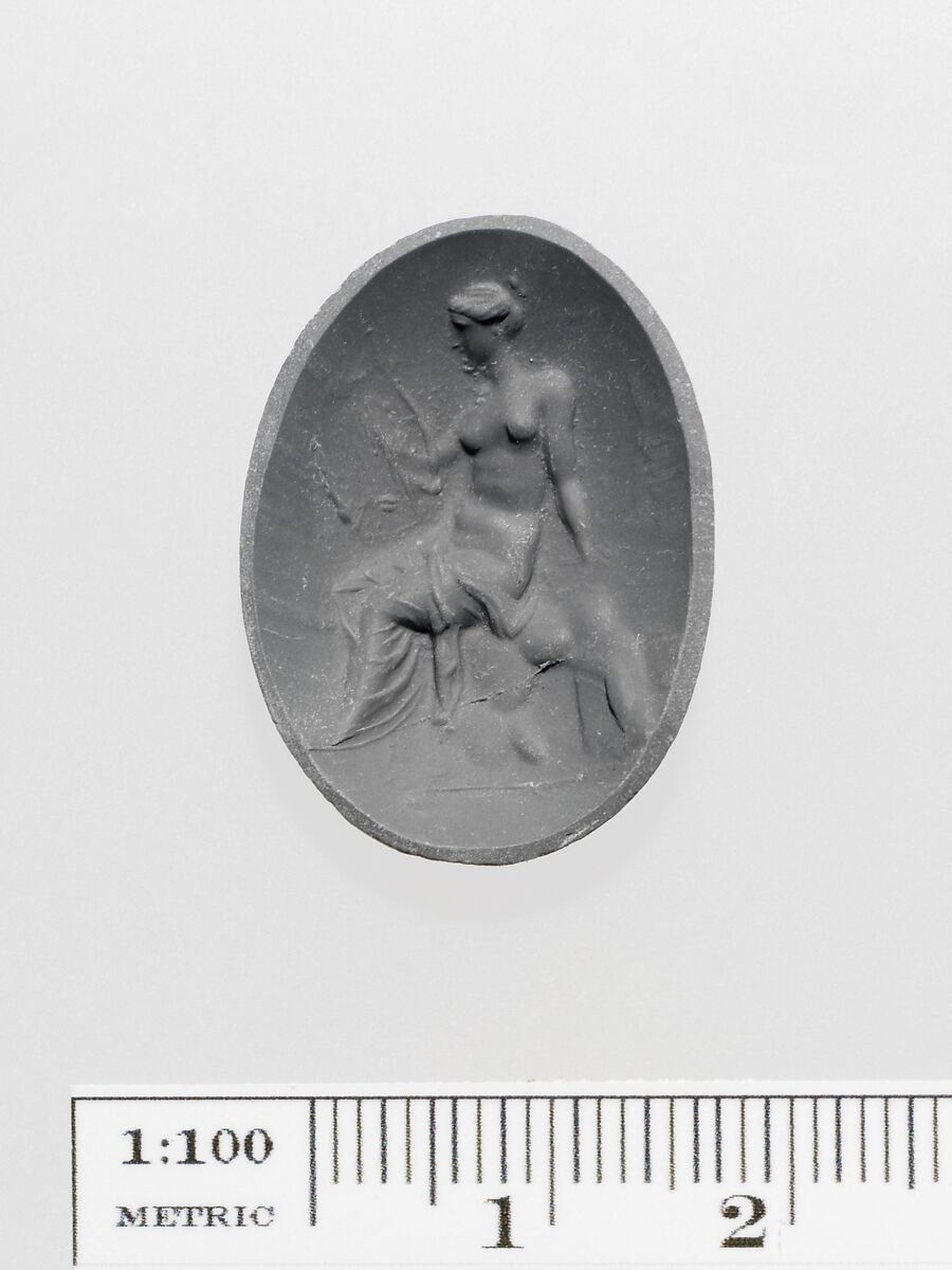 Green glass oval engraved on both sides, Glass, green, Greek