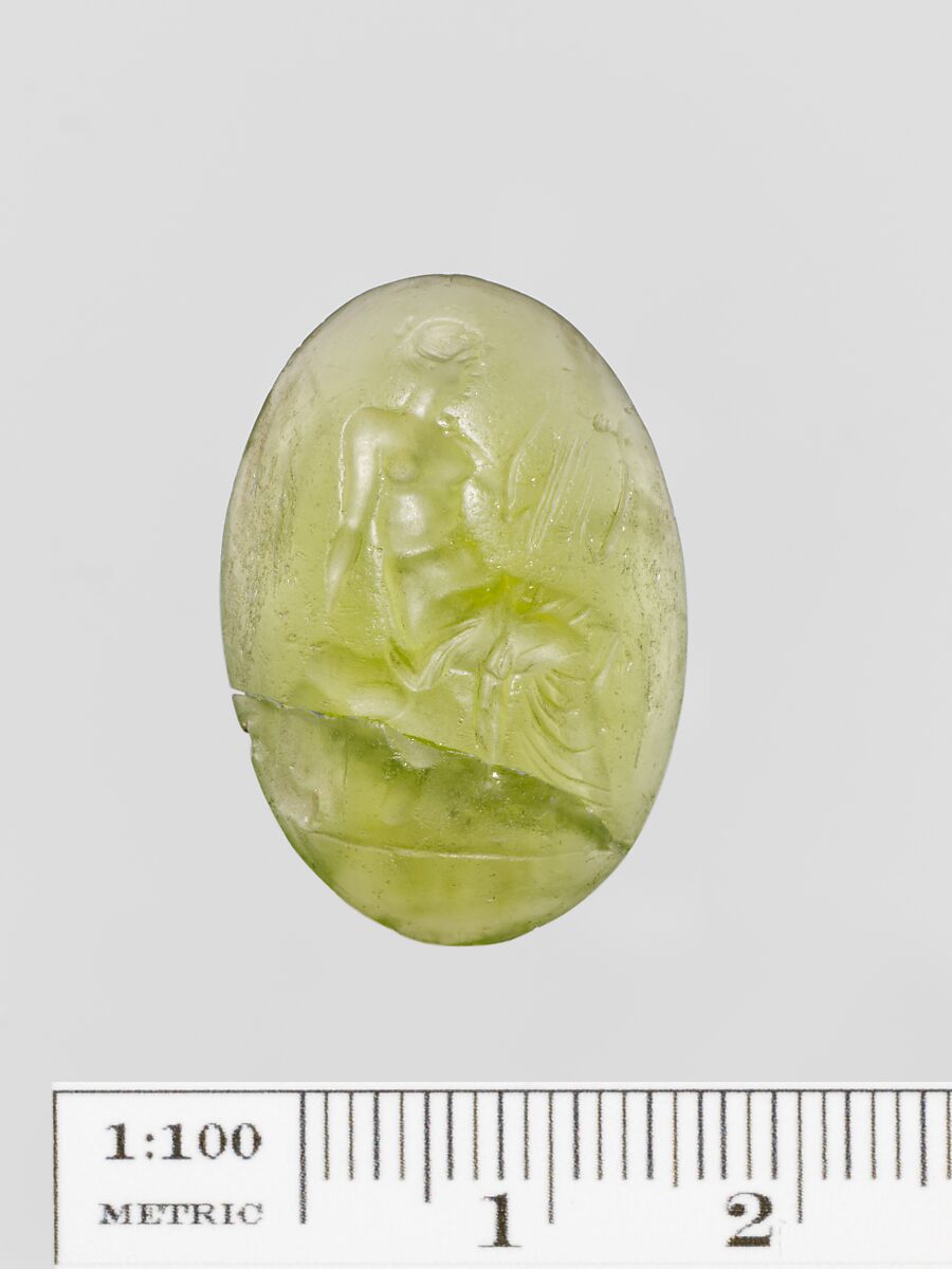 Green glass oval engraved on both sides, Glass, green, Greek