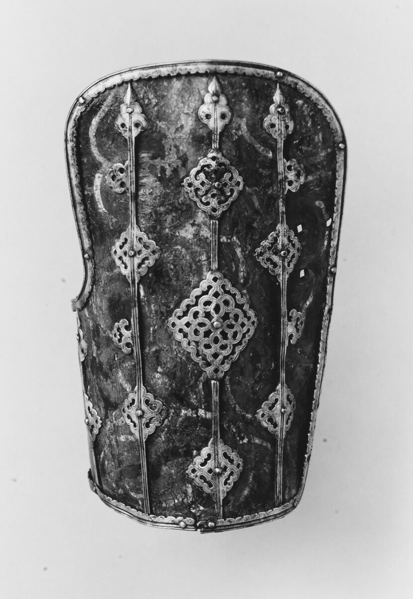 Forearm Guard, Leather, iron, pigments, Tibetan 