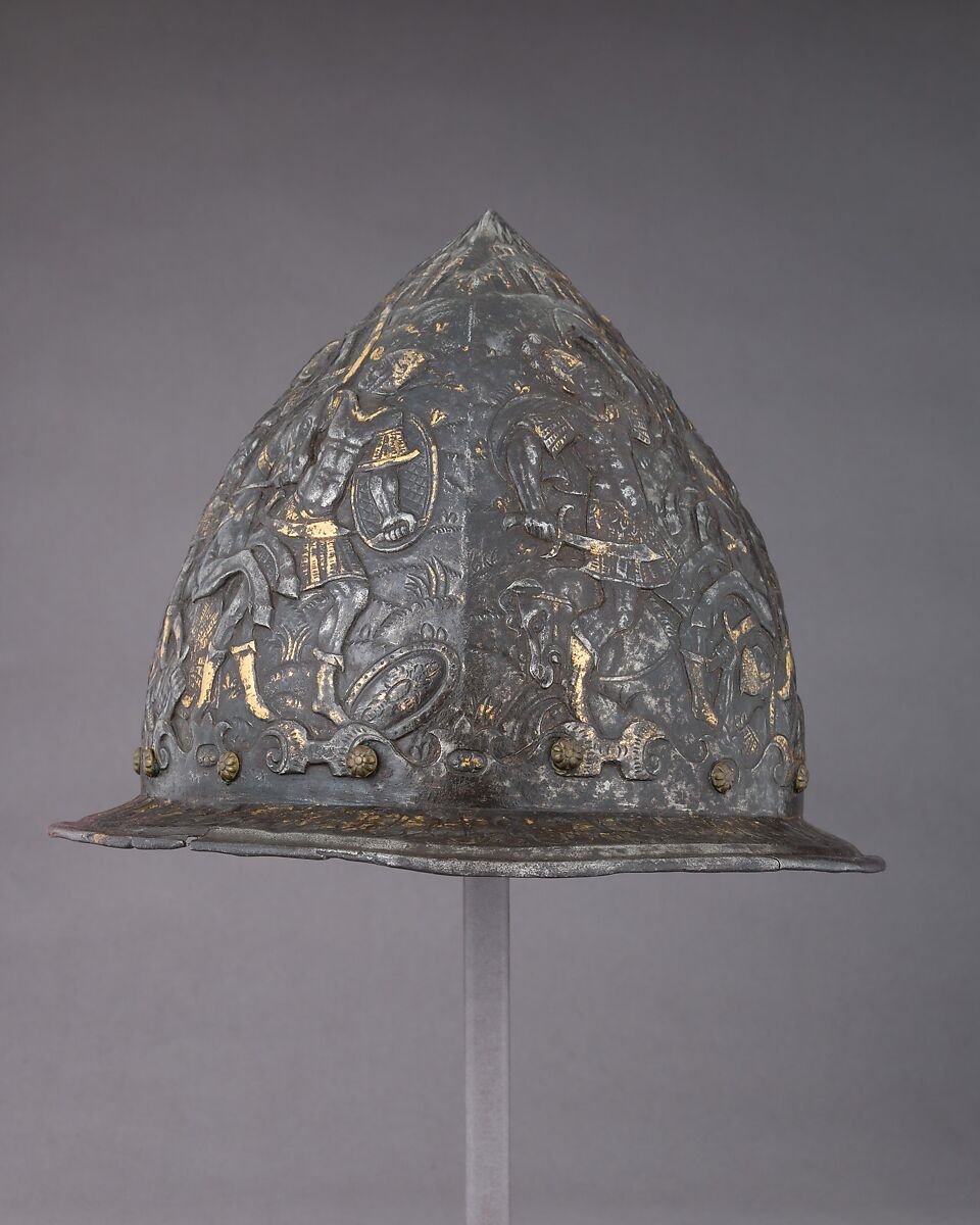 Cabasset, Steel, gold, brass, leather, velvet, Italian, Milan