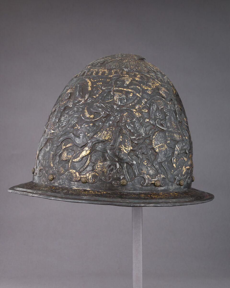 Cabasset, Steel, gold, brass, leather, velvet, Italian, Milan